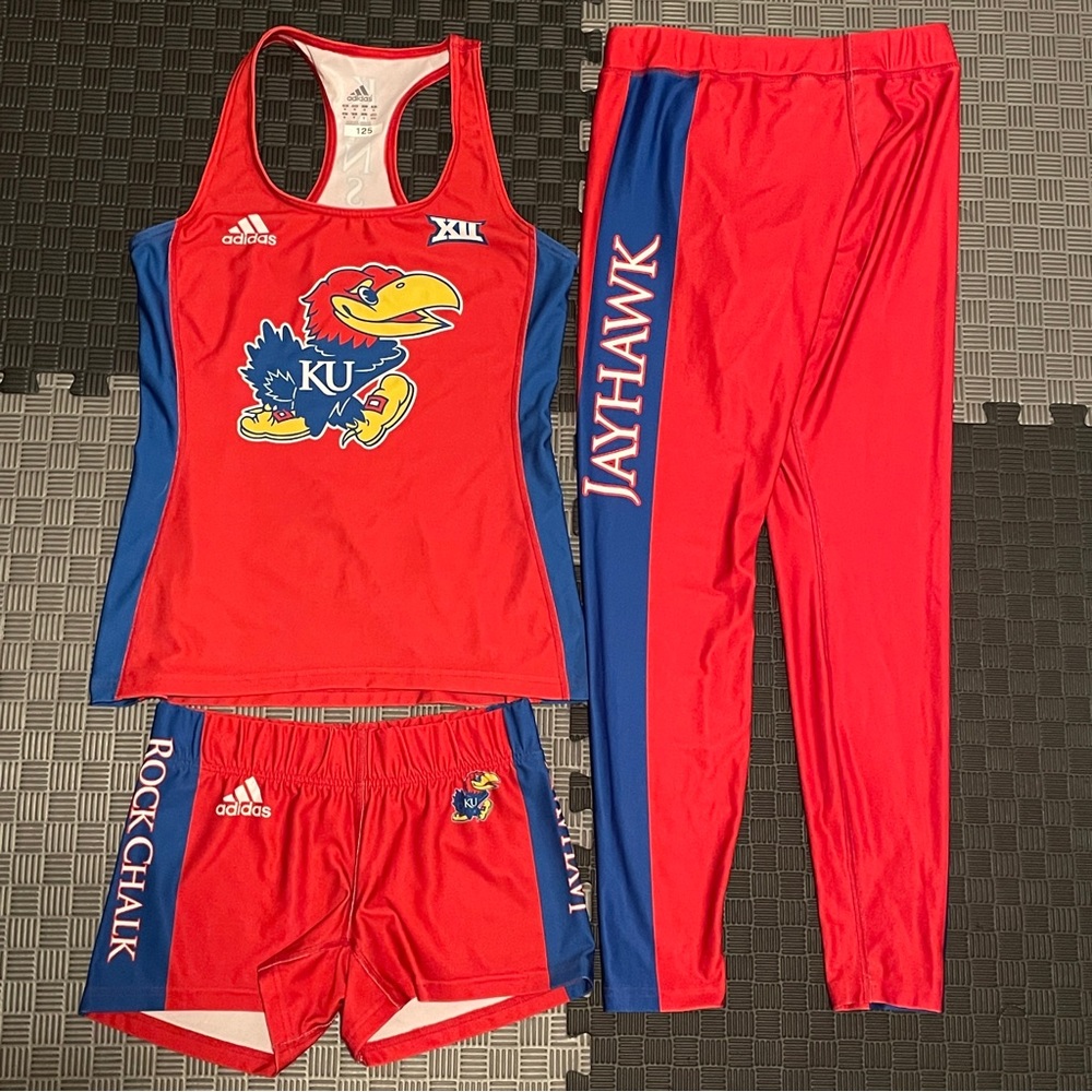 Adidas Kansas Jayhawks Team Issued Track & Field Tights Shorts and Tank MEDIUM